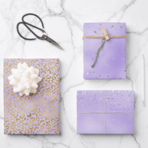 Feuille De Papier Cadeau Empreinte de léopard de glam or violet