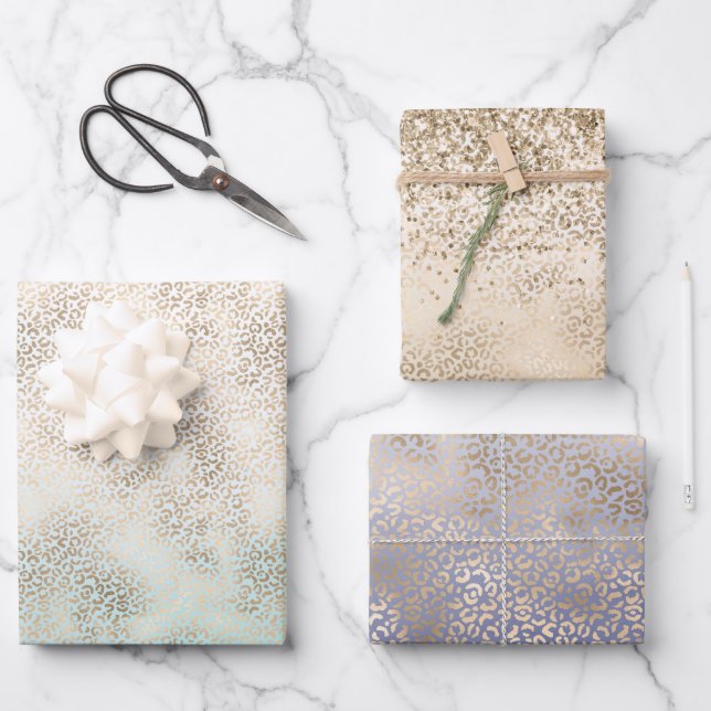 Feuille De Papier Cadeau Empreinte de léopard de l'ombre d'or Girly Mint (Recto)