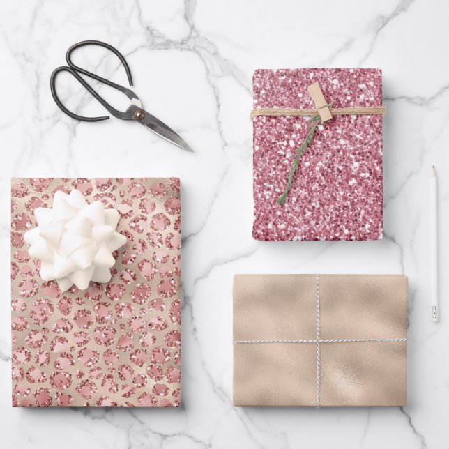 Feuille De Papier Cadeau Empreinte de léopard de Parties scintillant rose b (Recto)