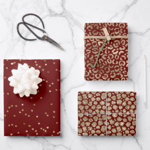 Feuille De Papier Cadeau Empreinte de léopard des points d'étincelle roug
