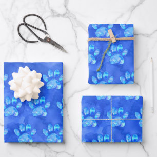 Feuille De Papier Cadeau Empreinte de patte bleue aquarelle personnalisée