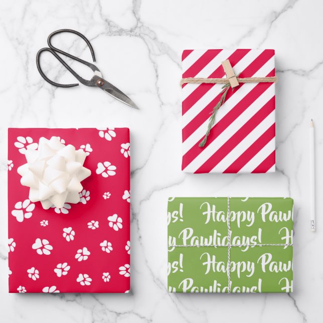 Feuille De Papier Cadeau Empreintes de pattes de Noël Motif Red Happy Pawli (Recto)