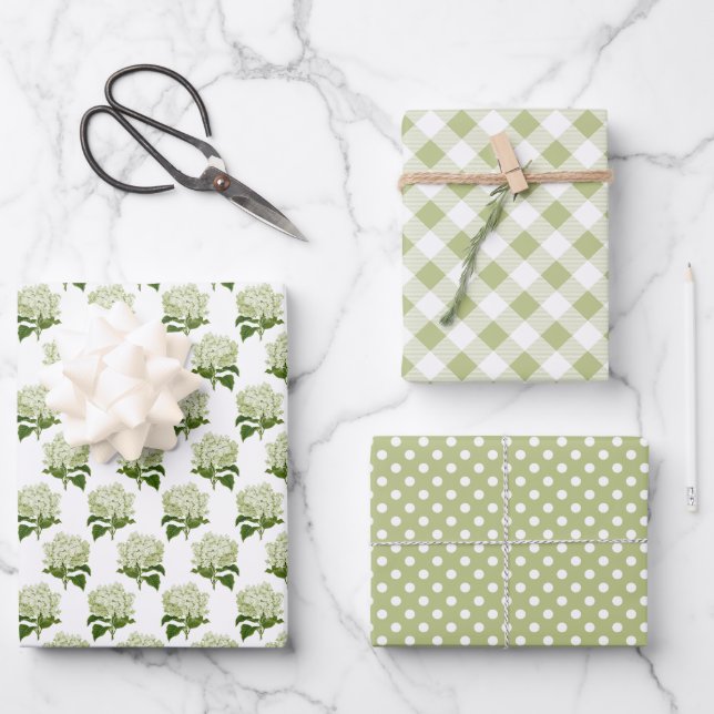 Feuille De Papier Cadeau En vichy Hydrangea blanc et Motif Polka Dot (Recto)