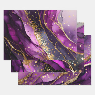 Feuille De Papier Cadeau Encre à alcool pailletée violet et or aquarelle