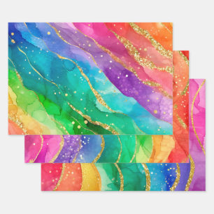 Feuille De Papier Cadeau Encre alcoolique à paillettes dorées et arc-en-cie