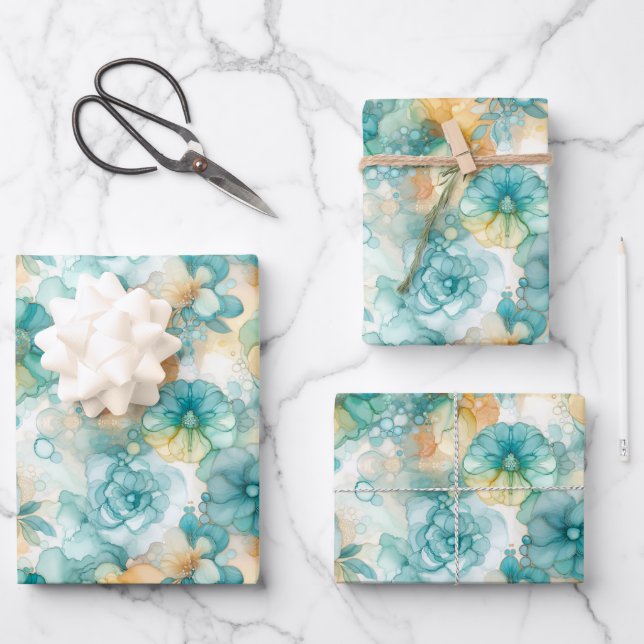 Feuille De Papier Cadeau Encre d'alcool jaune turquoise Illustration Moyen  (Recto)