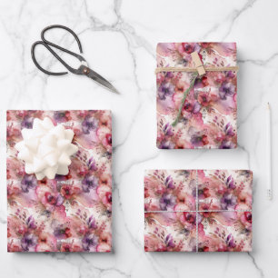 Feuille De Papier Cadeau Encre d'alcool rose et violet à fleurs Petite impr