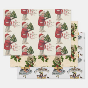 Feuille De Papier Cadeau Enfant avec illustration vintage d'arbre de Noël