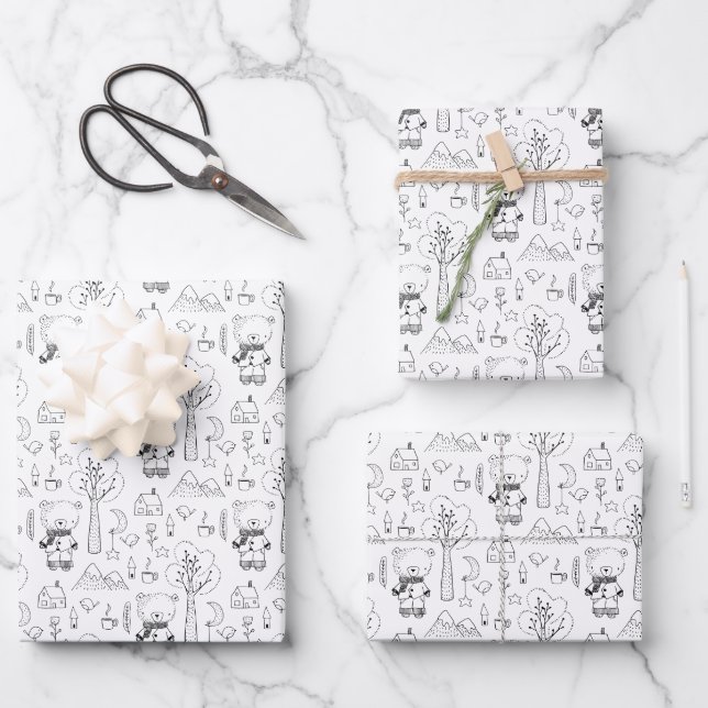 Feuille De Papier Cadeau Enfant Noël Noir & Blanc Nounours d'hiver (Recto)