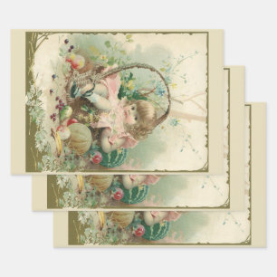 Feuille De Papier Cadeau Enfant victorienne vintage, fille panier de fruits