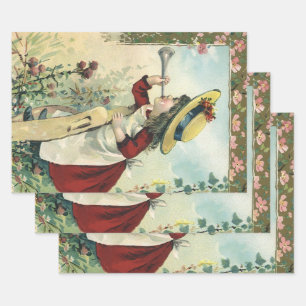 Feuille De Papier Cadeau Enfant victorienne vintage, fille soufflant dans u