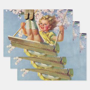 Feuille De Papier Cadeau Enfant vintage, Fille se balançant sur un arbre Jo