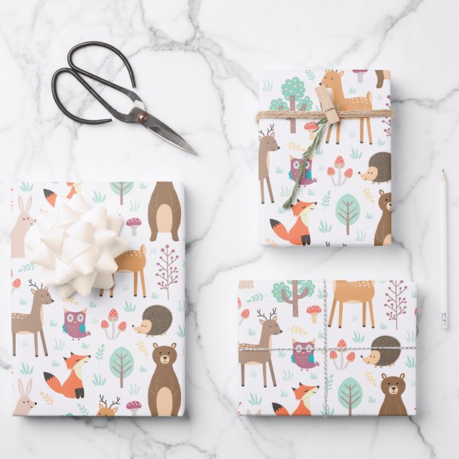 Feuille De Papier Cadeau Enfants Cute Animaux de forêt Porcupine Cerf Ours  (Recto)