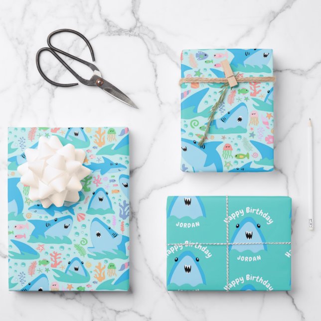 Feuille De Papier Cadeau Enfants D'Anniversaire Du Requin En Mer (Recto)