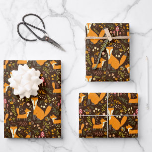 Feuille De Papier Cadeau Enfants Jote Forêt Fox Famille Fleurs de champigno