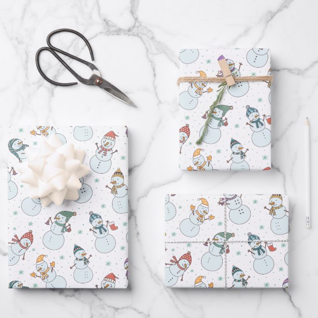 Feuille De Papier Cadeau Enfants Noël mignon Snowman en Casquette (Recto)