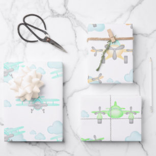 Feuille De Papier Cadeau Enfants Pastel Avion Volant Aviation Anniversaire