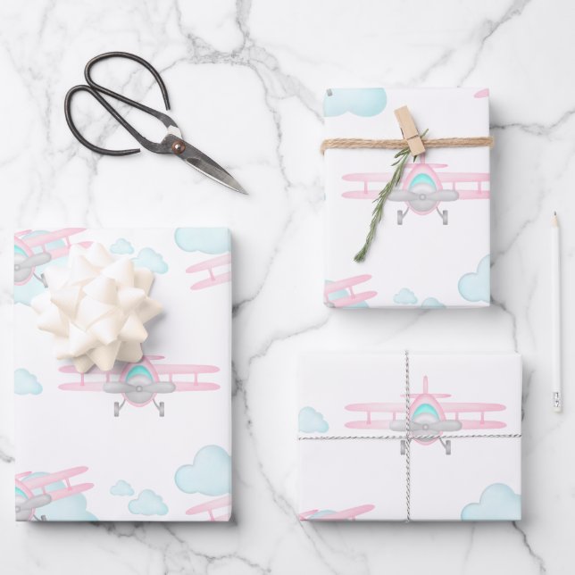 Feuille De Papier Cadeau Enfants Pink Avion Volant Aviation Anniversaire (Recto)