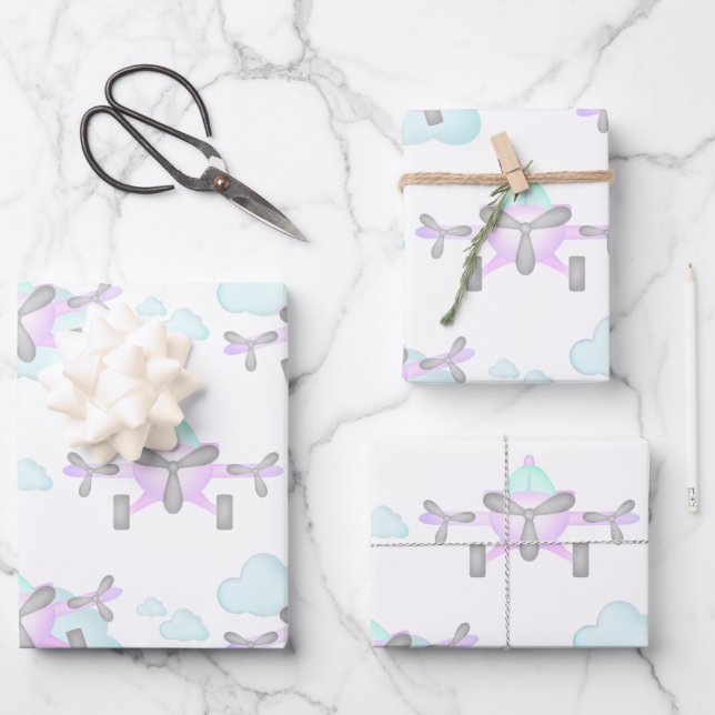 Feuille De Papier Cadeau Enfants Purple Avion Volant Aéronautique Anniversa (Recto)