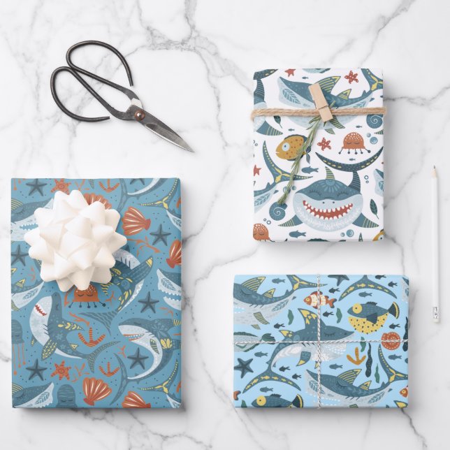 Feuille De Papier Cadeau Enfants Shark 1er 2e 3e anniversaire Marine Boy (Recto)