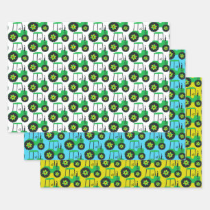 Feuille De Papier Cadeau Enfants Tracteur vert Anniversaire Bleu Jaune Blan