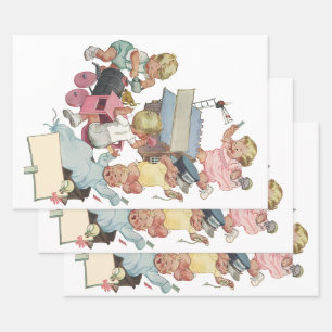 Feuille De Papier Cadeau Enfants vintage s'amusant à jouer avec des trains 