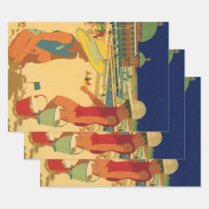Feuille De Papier Cadeau Enfants vintage, sœurs en vacances à la plage