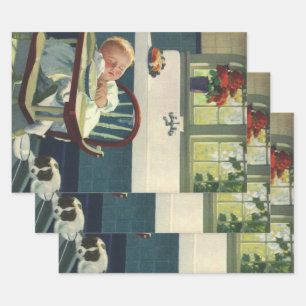 Feuille De Papier Cadeau Enfants vintages, Bébé Dormir Chaise haute Cuisine