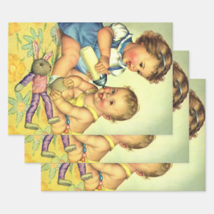 Feuille De Papier Cadeau Enfants vintages, Joyeux Petits Enfants Bouteille 