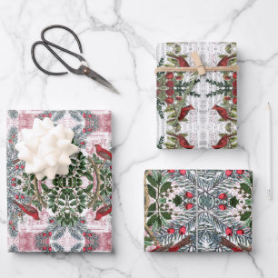 Feuille De Papier Cadeau Ensemble cadeau Oiseaux de Noël et Evergreens
