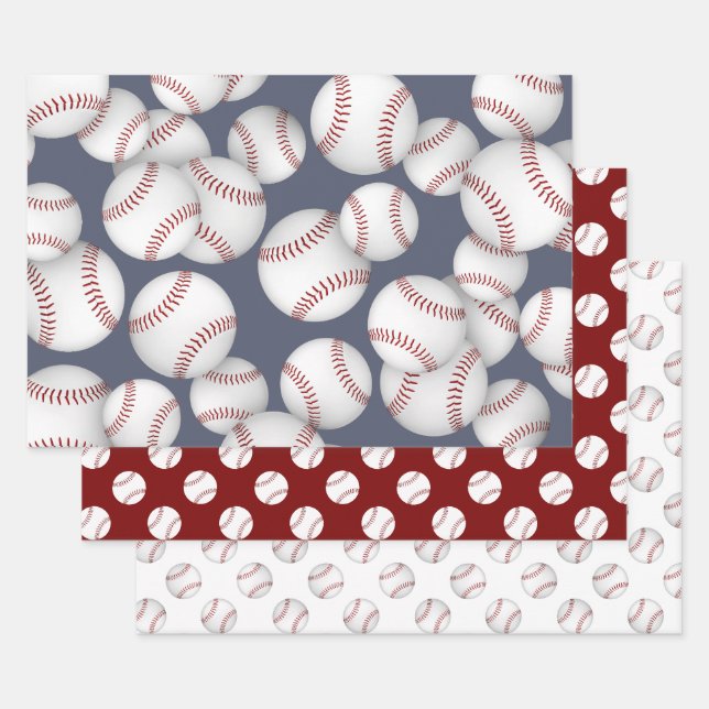 Feuille De Papier Cadeau ensemble coordonné de 3 balles de baseball softbal (Lot)