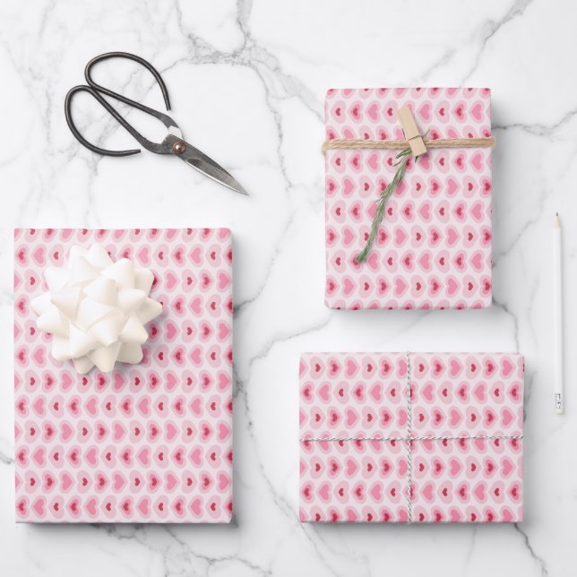 Feuille De Papier Cadeau Ensemble de 3 cœurs roses et rouges modernes (Recto)