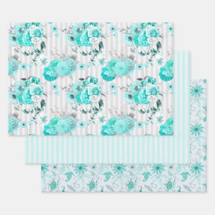 Feuille De Papier Cadeau Ensemble de 3 Coordination Turquoise Floral et les