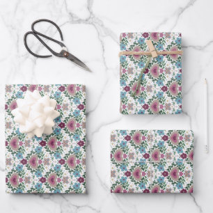 Feuille De Papier Cadeau Ensemble de 3 fleurs et cœurs roses et sarcelles t