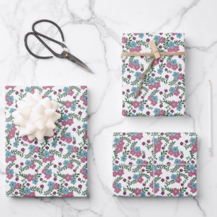 Feuille De Papier Cadeau Ensemble de 3 - Motif floral bohème en rose, taupe