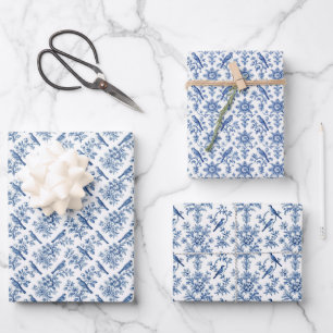 Feuille De Papier Cadeau Ensemble de 3 papiers cadeaux à motif floral bleu