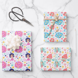 Feuille De Papier Cadeau Ensemble de 3 papiers cadeaux de sirènes mignonnes