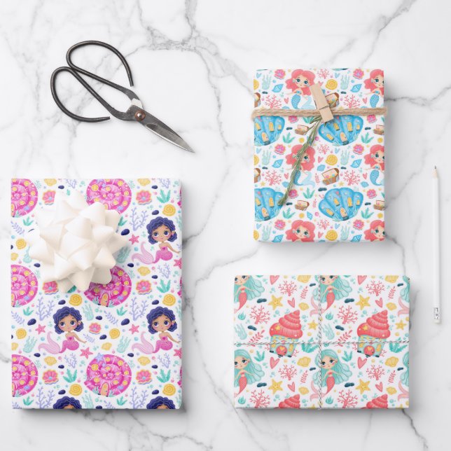 Feuille De Papier Cadeau Ensemble de 3 papiers cadeaux de sirènes mignonnes (Recto)