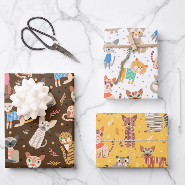 Feuille De Papier Cadeau Ensemble de 3 papiers d'emballage de chats mignons (Recto)