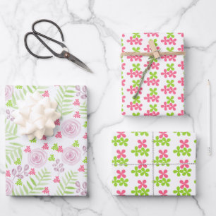 Feuille De Papier Cadeau Ensemble de 3 papiers d'emballage de fleurs aquare