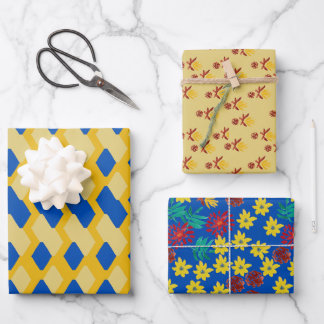 Feuille De Papier Cadeau Ensemble de 3 papiers d'emballage floraux et géomé