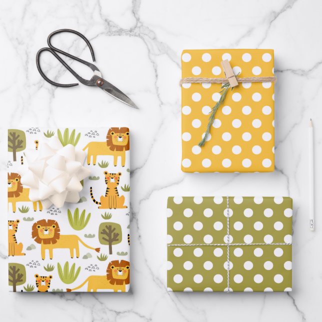 Feuille De Papier Cadeau Ensemble de 3 papiers d'emballage Lion Tigre Jungl (Recto)