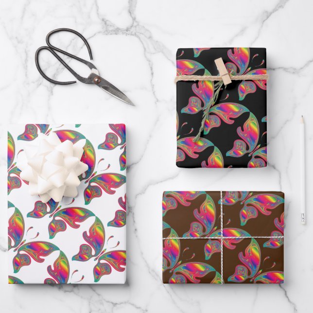 Feuille De Papier Cadeau Ensemble de 3 papillons arc-en-ciel (Recto)
