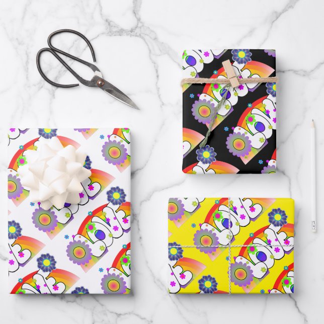 Feuille De Papier Cadeau Ensemble de 3 Rainbow Love  (Recto)