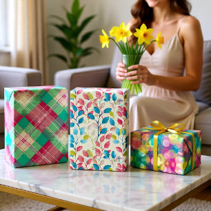 Feuille De Papier Cadeau Ensemble de célébration à carreaux floraux colorés
