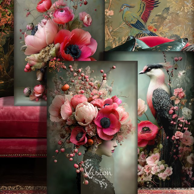Feuille De Papier Cadeau Ensemble de couture de bouquet, oiseau, portrait e (Vibrant Pink & Green, Portrait, bird & Bouquet Floral, Matching Art, Heavyweight Decoupage, Set)