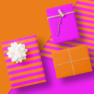 Feuille De Papier Cadeau Ensemble de Motif en bande rose et orange