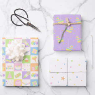 Feuille De Papier Cadeau Ensemble de motifs d'anniversaire pastel avec des