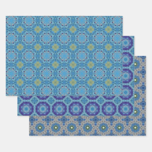 Feuille De Papier Cadeau Ensemble de Motifs ethniques sans couleur bleue 1