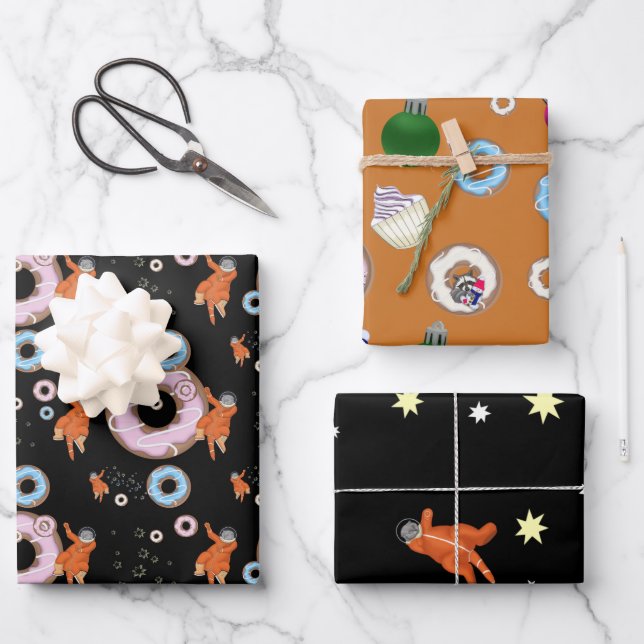 Feuille De Papier Cadeau Ensemble de Noël - chats, donuts, ratons laveurs,  (Recto)